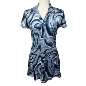 5.7.9 Y2K Blue Swirl Velvet Mini Dress Size Small Funky Groovy Retro